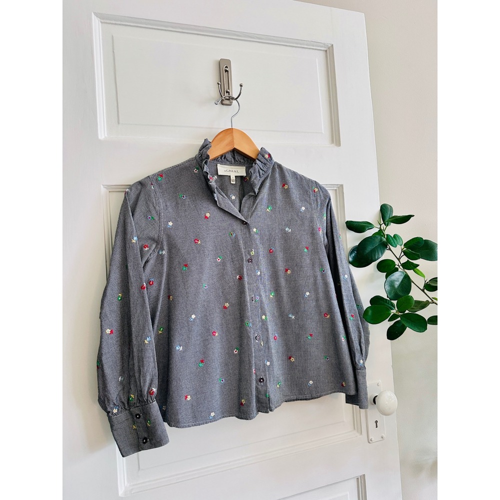 The Great Embroidered Floral Gingham Ruffle Collar Button Down Top Black White 0